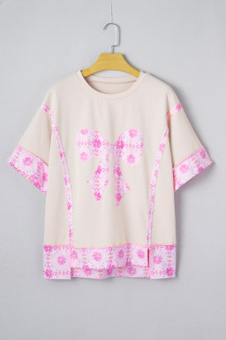 Apricot Daisy Floral Bow Contrast Patchwork Loose T Shirt