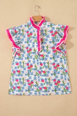 Rose Floral Print Color Block Striped Trim Flutter Sleeve Half Button Blouse