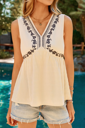 Apricot Floral Embroidered V Neck Sleeveless Casual Shift Top
