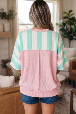 Green Stripe Exposed Seam Ribbed Patchwork Oversized Tee