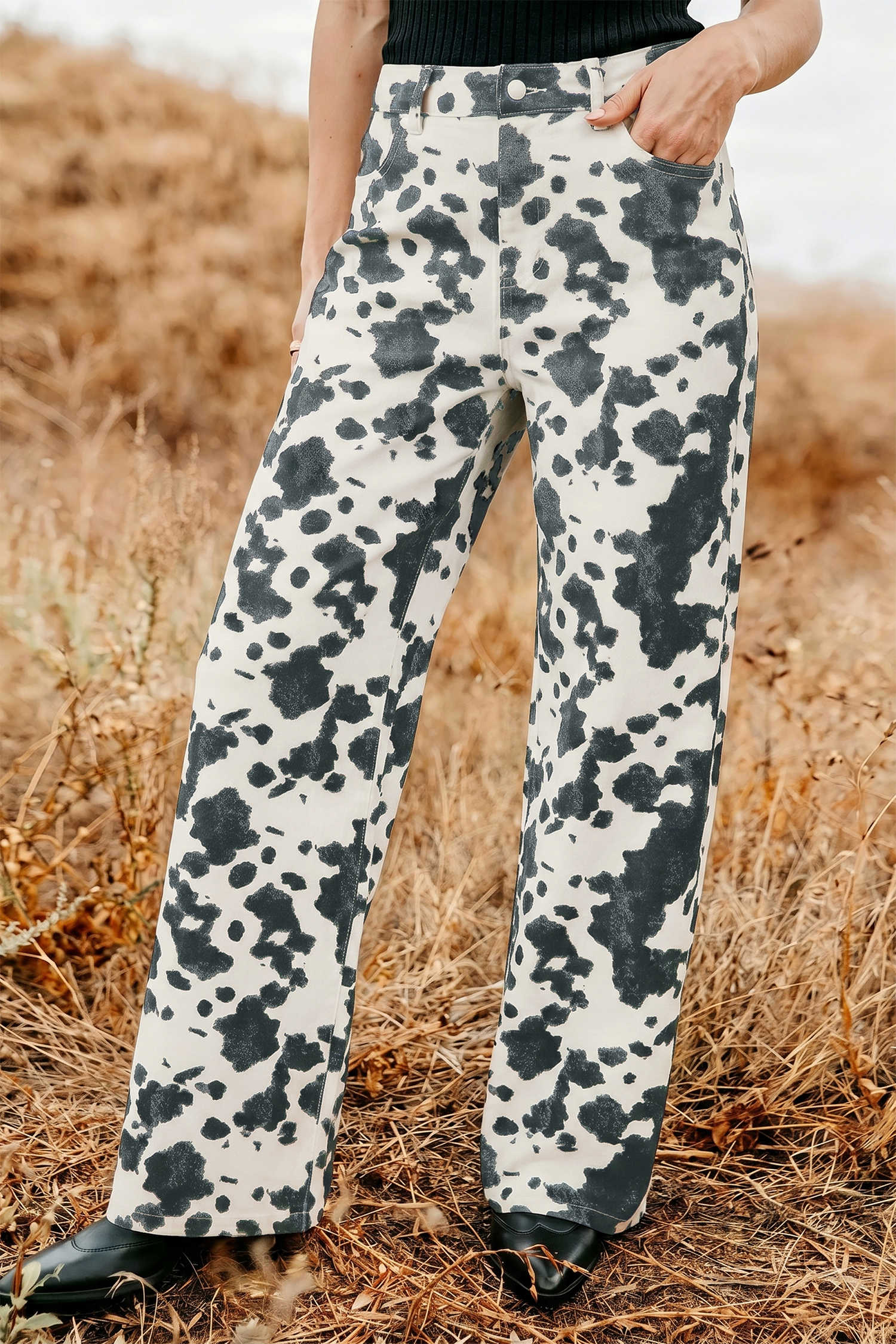 Brown Abstract Print Western Pants Metal Button Full Length Regular Fit Jeans