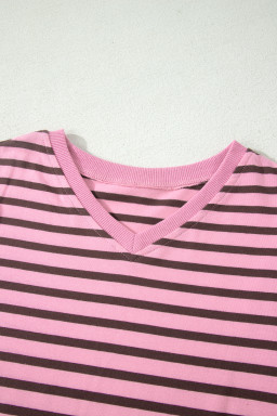 Rose Stripe Striped V-Neck Ribbed Collar Cuff Gathering Puff Sleeve Top