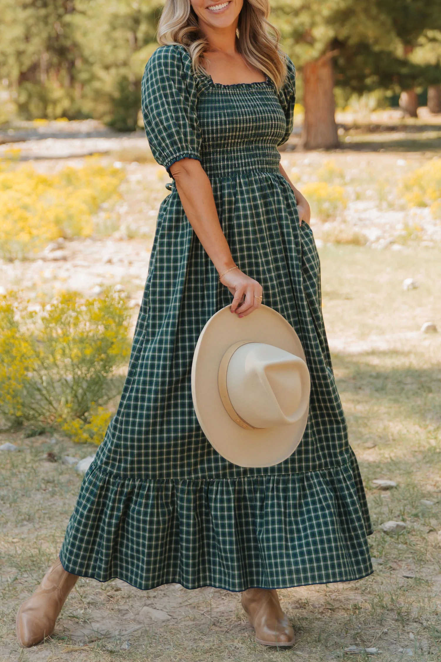 Green Square Collar Short Sleeve Plaid Dress Fit Flare Silhouette Long Daily Casual One Piece
