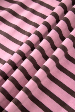 Rose Stripe Striped V-Neck Ribbed Collar Cuff Gathering Puff Sleeve Top