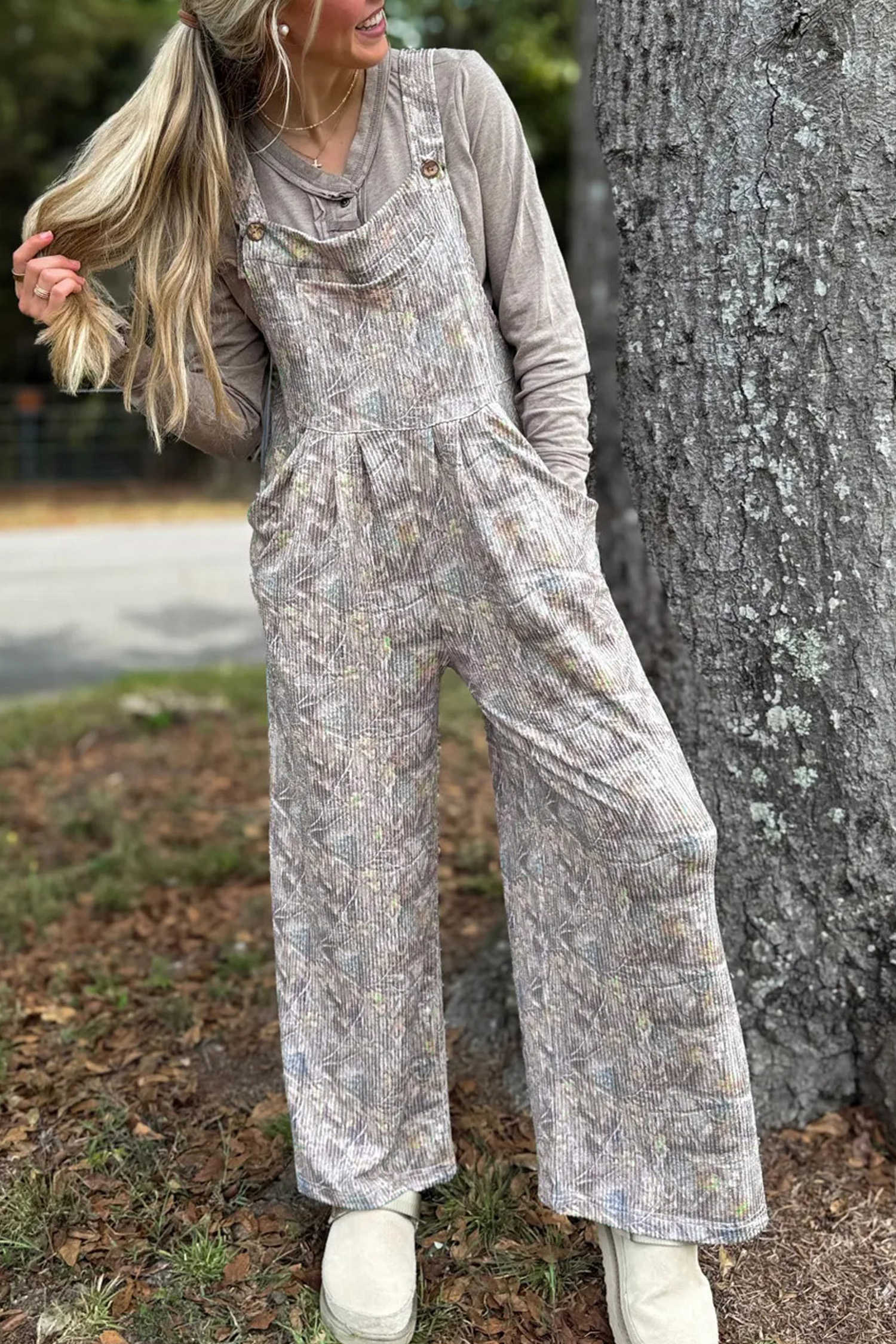 Brown Camouflage Twist Ribbed Full-Length Pocket Overalls