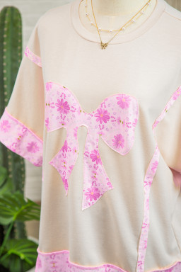 Apricot Daisy Floral Bow Contrast Patchwork Loose T Shirt