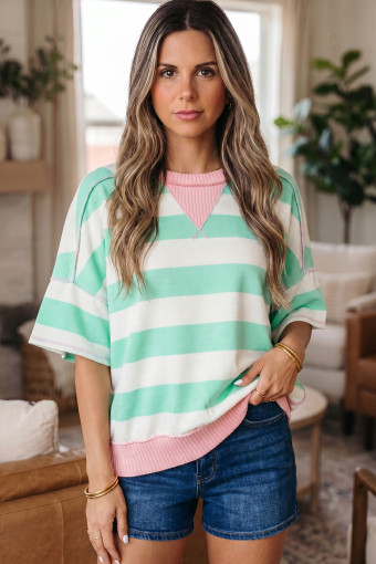 Green Stripe Exposed Seam Ribbed Patchwork Oversized Tee