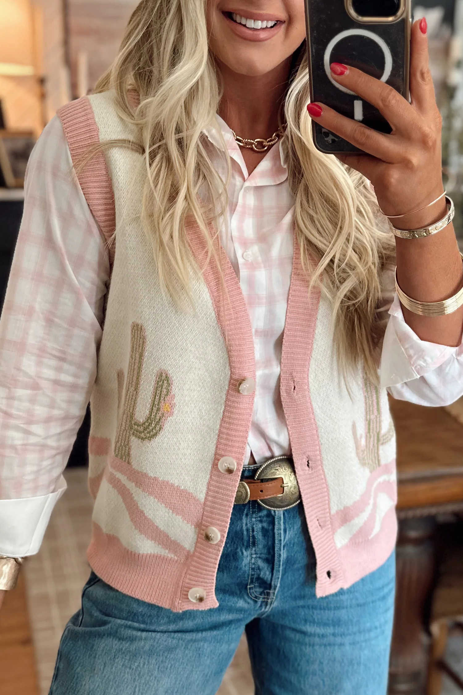 Pink Cactus Pattern Button Front Sleeveless Knit Vest Western Style Casual Daily Wear
