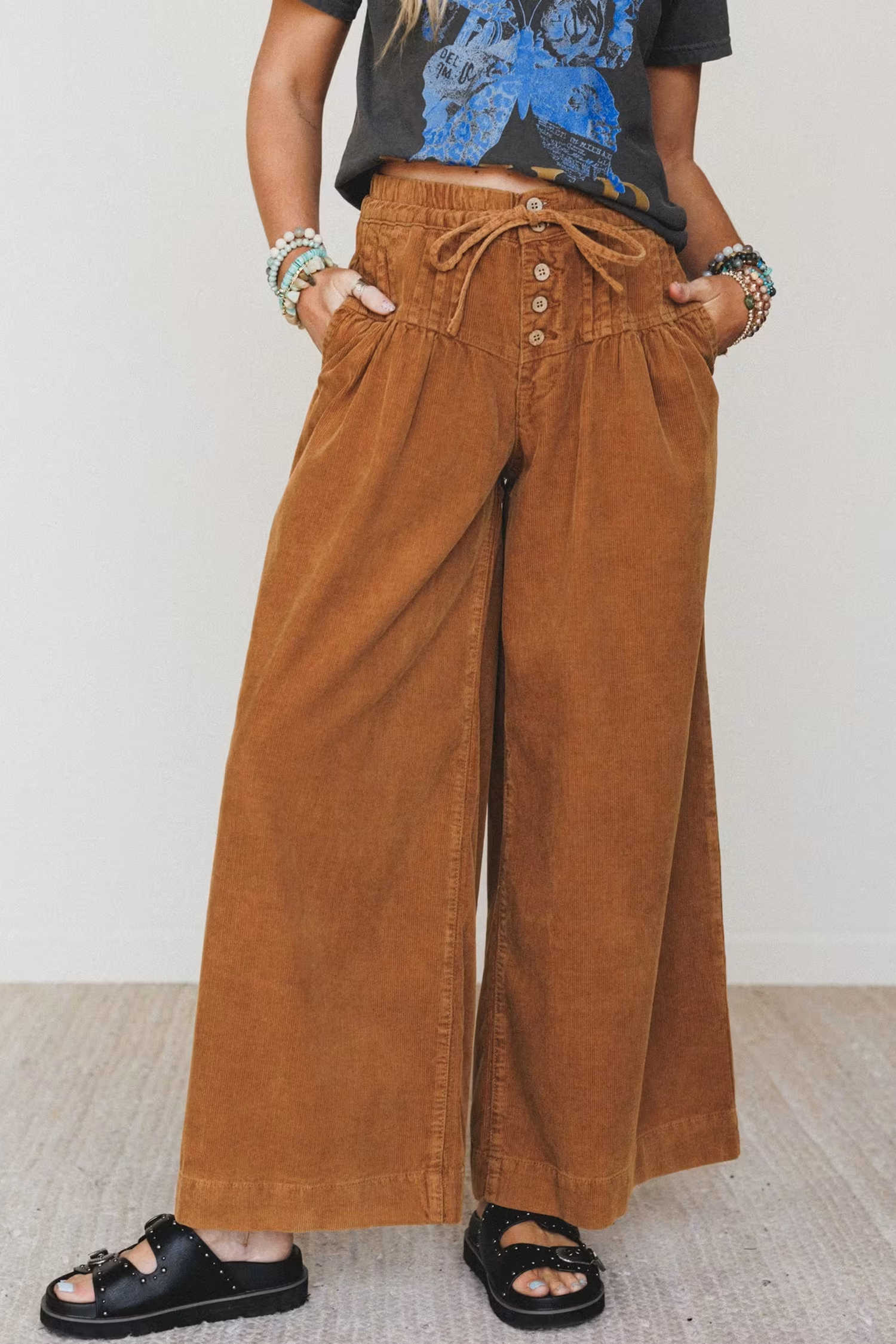 Thai Curry Casual Wide Leg Corduroy Pants Elastic Waist Wooden Button Ankle Length Trousers