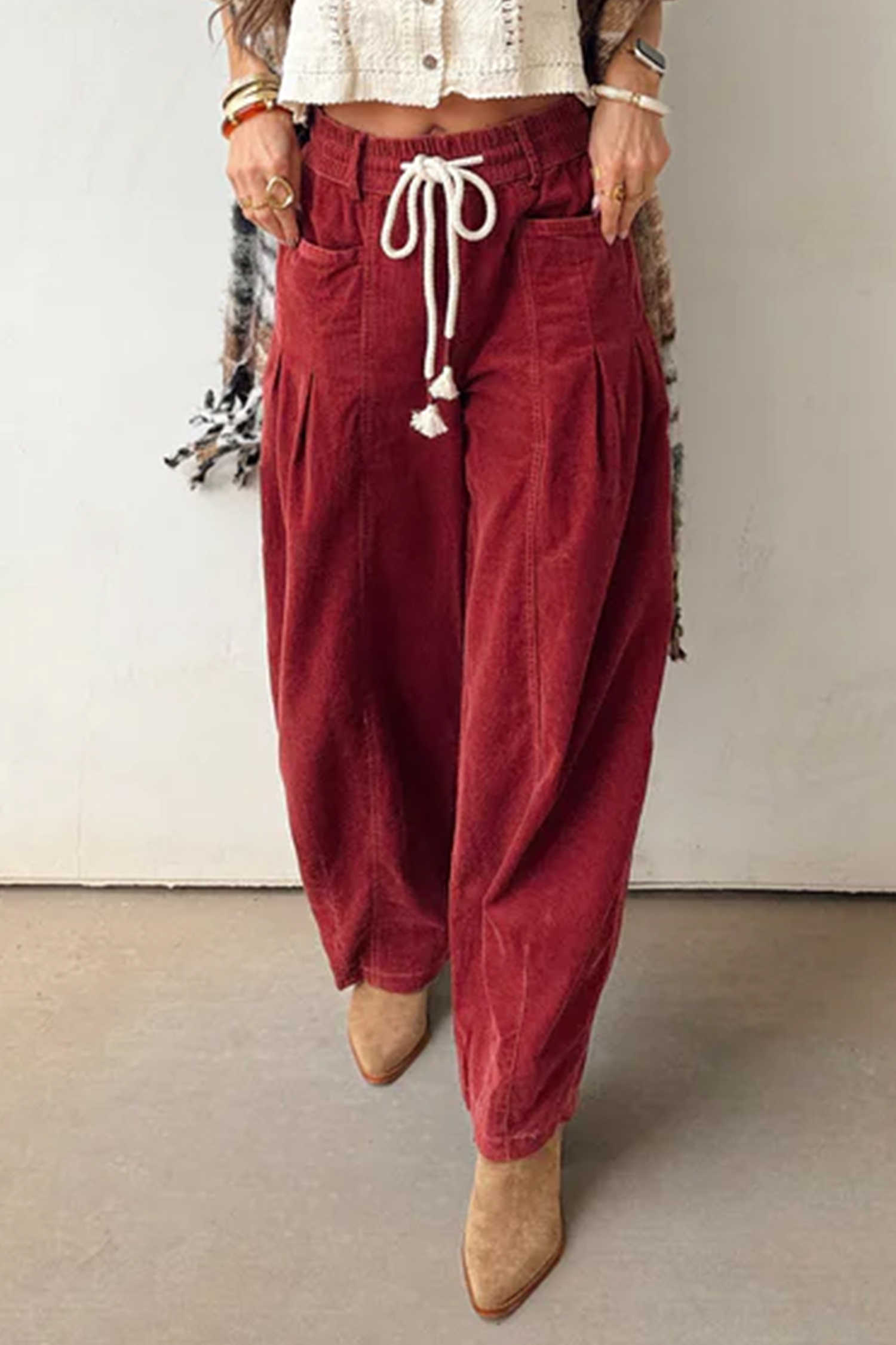 Racing Red Elastic Waist Knot Detail Corduroy Ankle-Length Pants