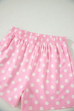 Pink Polka Dot Print Color Block Trim Mock Neck Short Set