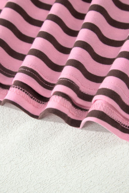 Rose Stripe Striped V-Neck Ribbed Collar Cuff Gathering Puff Sleeve Top