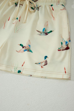 Beige Mallard Duck Print Oversized Tee Drawstring Short Set