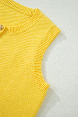 Yellow Cream Solid Color Sleeveless Knit Button Pocketed Sweater