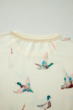 Beige Mallard Duck Print Oversized Tee Drawstring Short Set