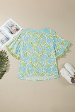 Sky Blue Plus Size Floral Print Frilled Color Block Trim Short Sleeve Blouse