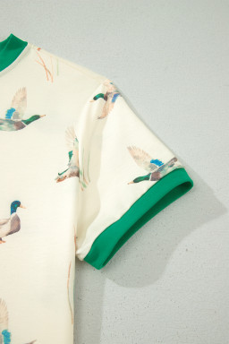 Beige Mallard Printed Colorblock Trim Short Set