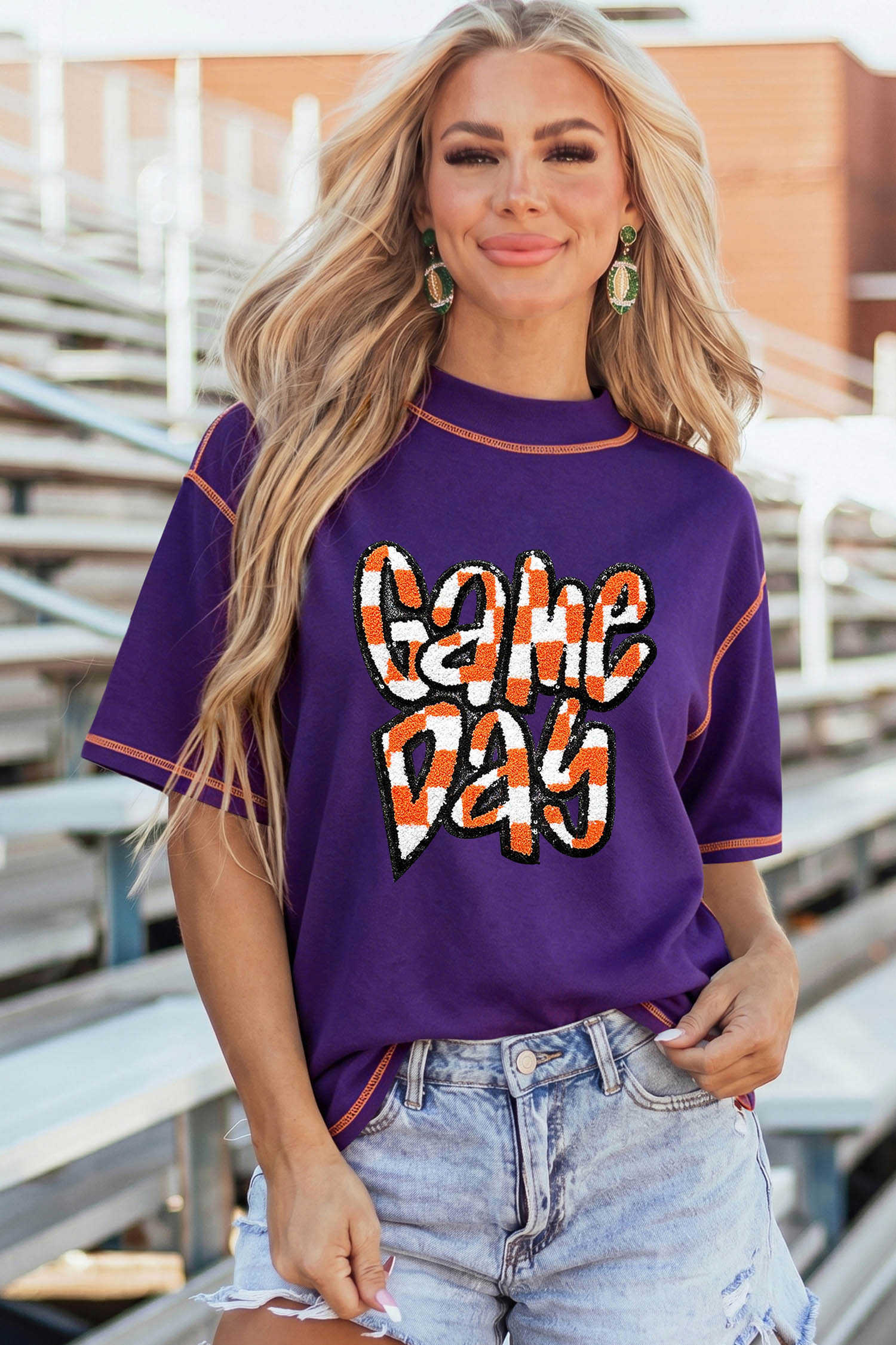 Tillandsia Purple Contrast Seam Detail Checkered Game Day Chenille Graphic Tee