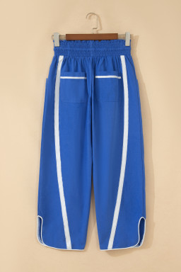 Dark Blue Contrast Striped Smocked Waist Drawstring Cropped Casual Pants