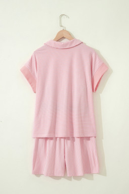 Pink Stripe Dolman Sleeve Polo Shirt and Drawstring Shorts Set