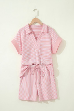 Pink Stripe Dolman Sleeve Polo Shirt and Drawstring Shorts Set