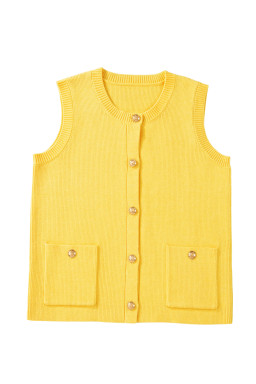 Yellow Cream Solid Color Sleeveless Knit Button Pocketed Sweater