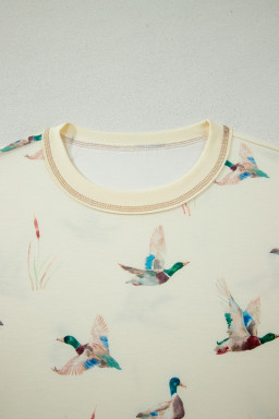 Beige Mallard Duck Print Oversized Tee Drawstring Short Set