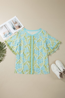 Sky Blue Plus Size Floral Print Frilled Color Block Trim Short Sleeve Blouse