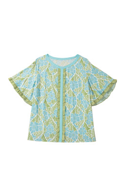 Sky Blue Plus Size Floral Print Frilled Color Block Trim Short Sleeve Blouse