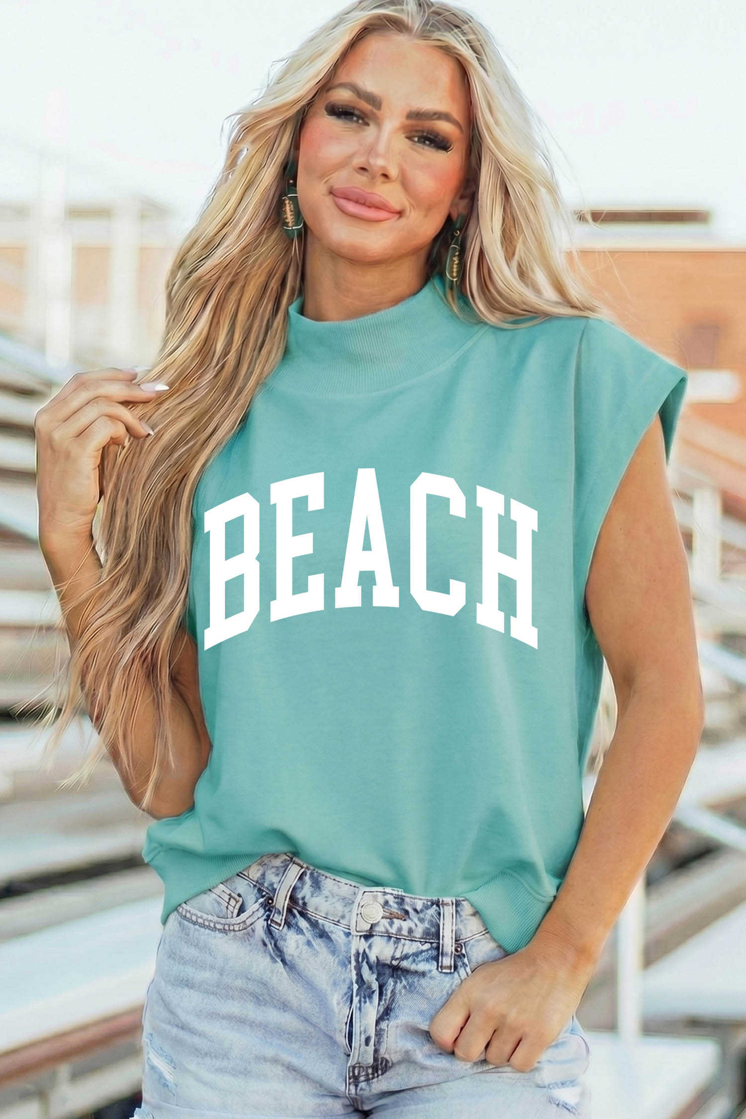 Mint Green High Neck Short Sleeve Beach Graphic Tee