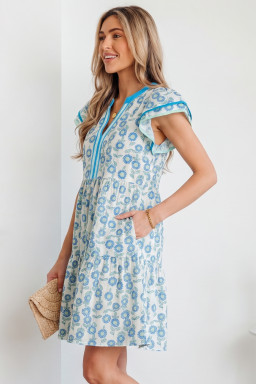 Sky Blue Floral Print Contrast Trim Flutter Sleeve Mini Dress