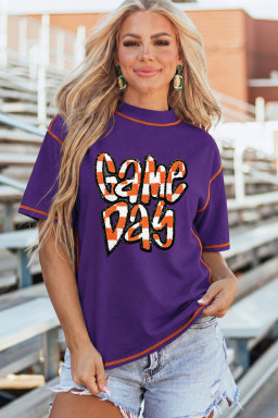 Tillandsia Purple Contrast Seam Detail Checkered Game Day Chenille Graphic Tee