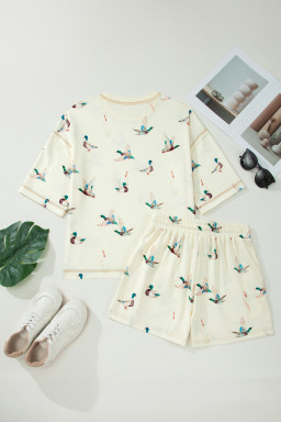 Beige Mallard Duck Print Oversized Tee Drawstring Short Set