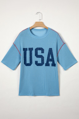 Beau Blue USA Graphic Half Sleeve Loose Ribbed Top