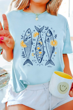 Light Blue Lemon Fishes Printed Loose T Shirt