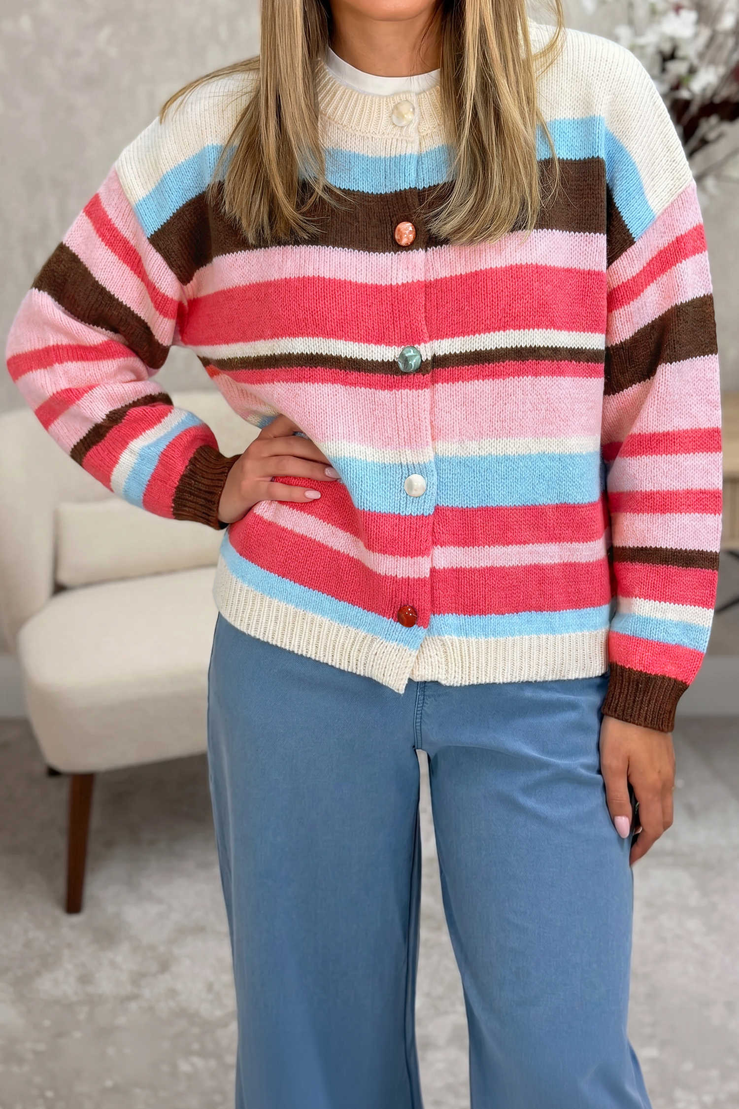 Pink Stripe Drop Shoulder Striped Colorblock Cardigan Regular Wash Casual Knitwear