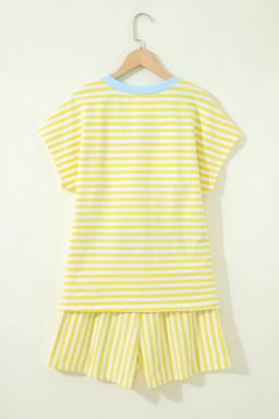 Yellow Stripe Colorblock Trim V Neck Tee Drawstring Elastic Waist Short Set