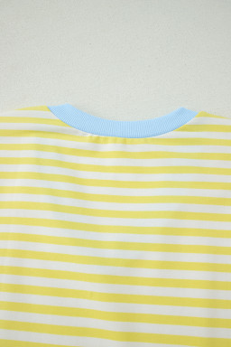 Yellow Stripe Colorblock Trim V Neck Tee Drawstring Elastic Waist Short Set