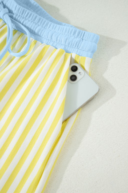 Yellow Stripe Colorblock Trim V Neck Tee Drawstring Elastic Waist Short Set