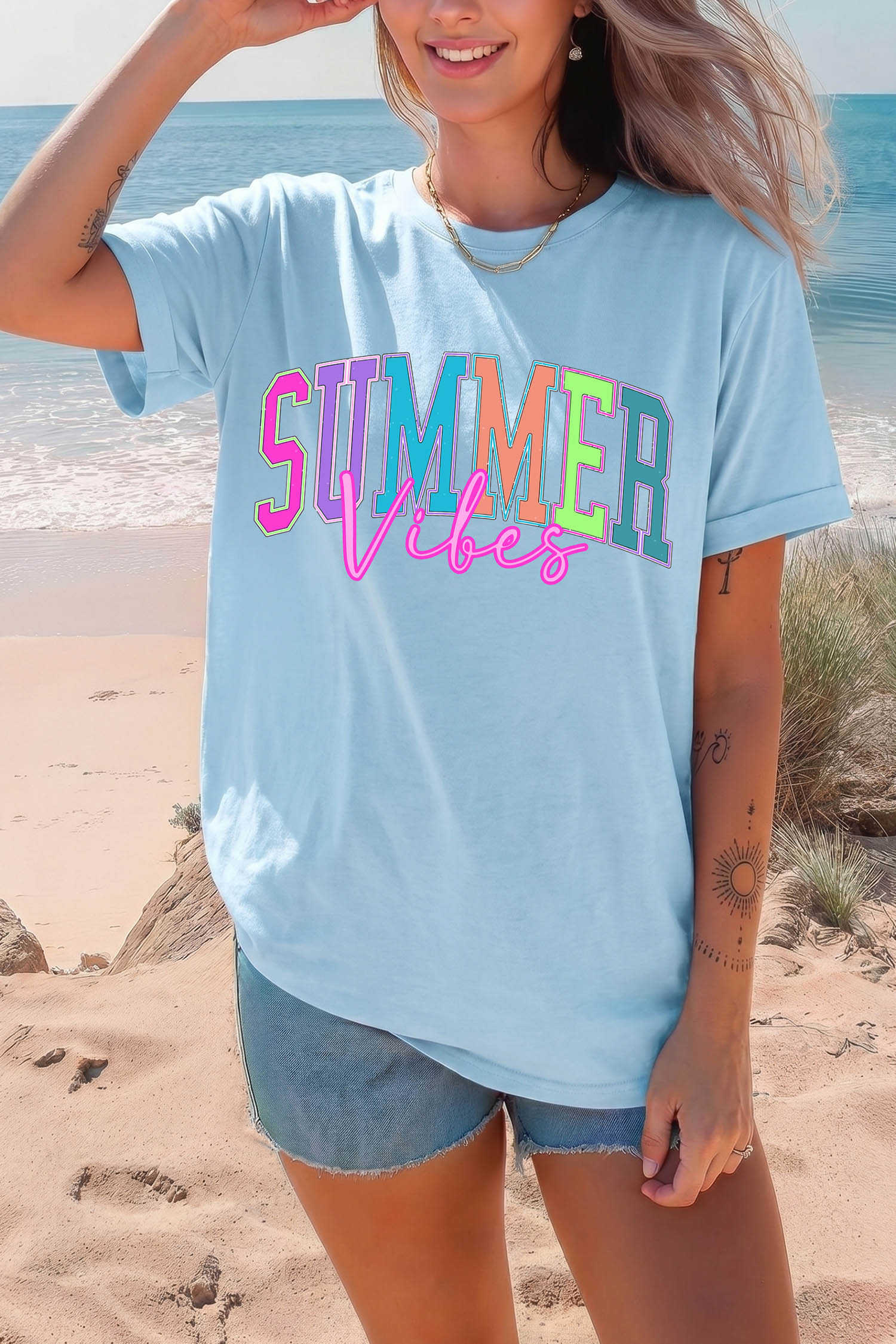 Light Blue SUMMER Vibes Letter Print Round Neck Casual T-Shirt