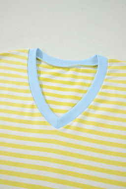 Yellow Stripe Colorblock Trim V Neck Tee Drawstring Elastic Waist Short Set