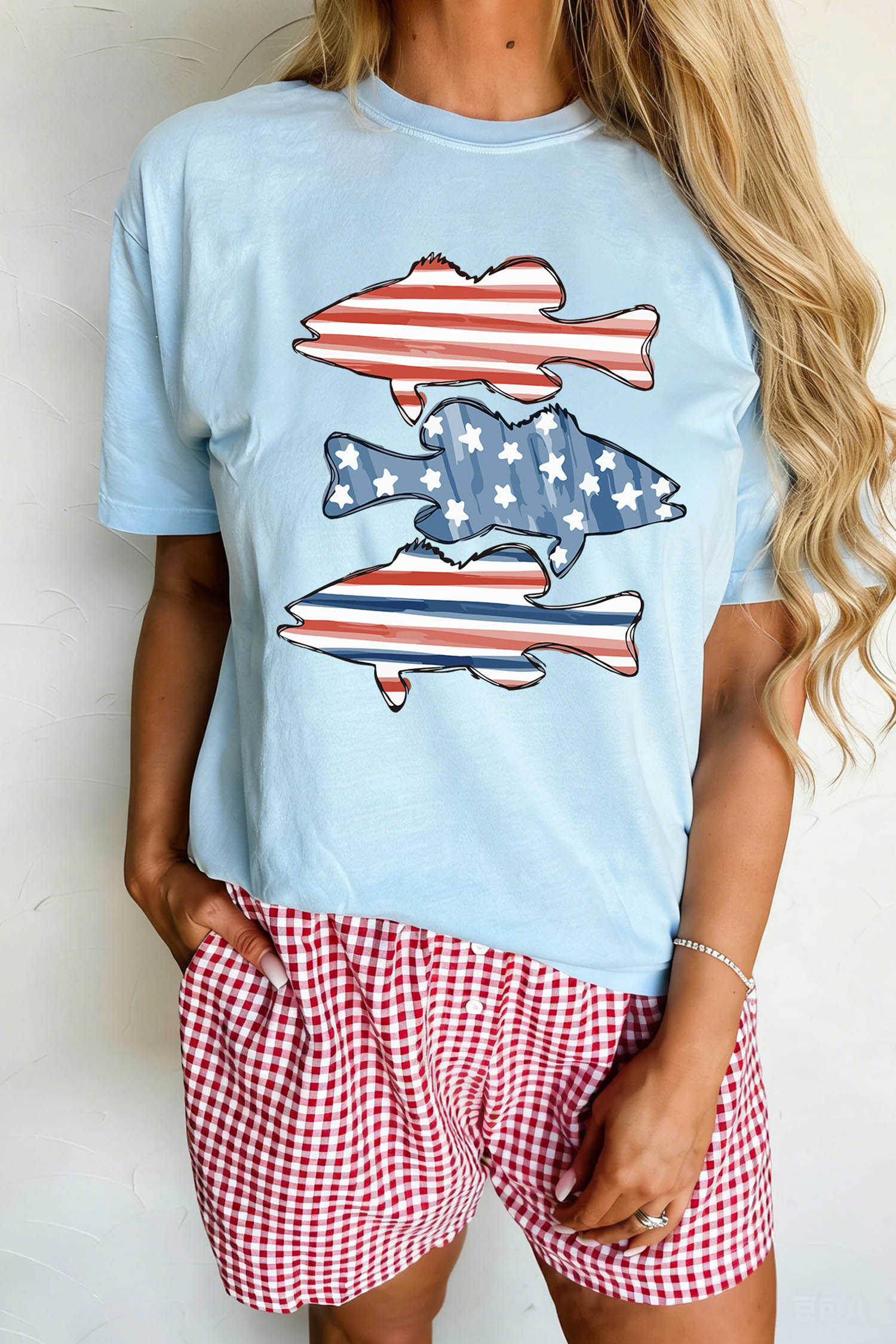 Light Blue Patriotic Fish Print Relaxed Graphic T Shirt