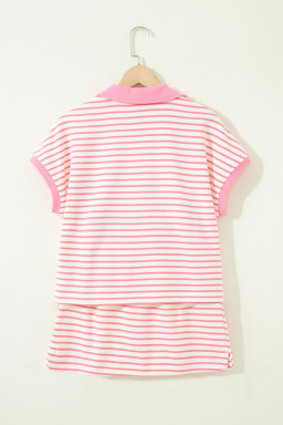 Pink Stripe Color Block Patchwork Polo Tee Drawstring Elastic Waist 2pcs Skort Set