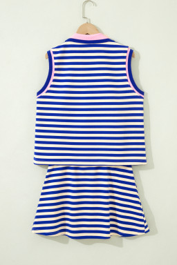 Dark Blue Textured Stripe Print Contrast Trim Zip Collar Sleeveless 2pcs Skort Set