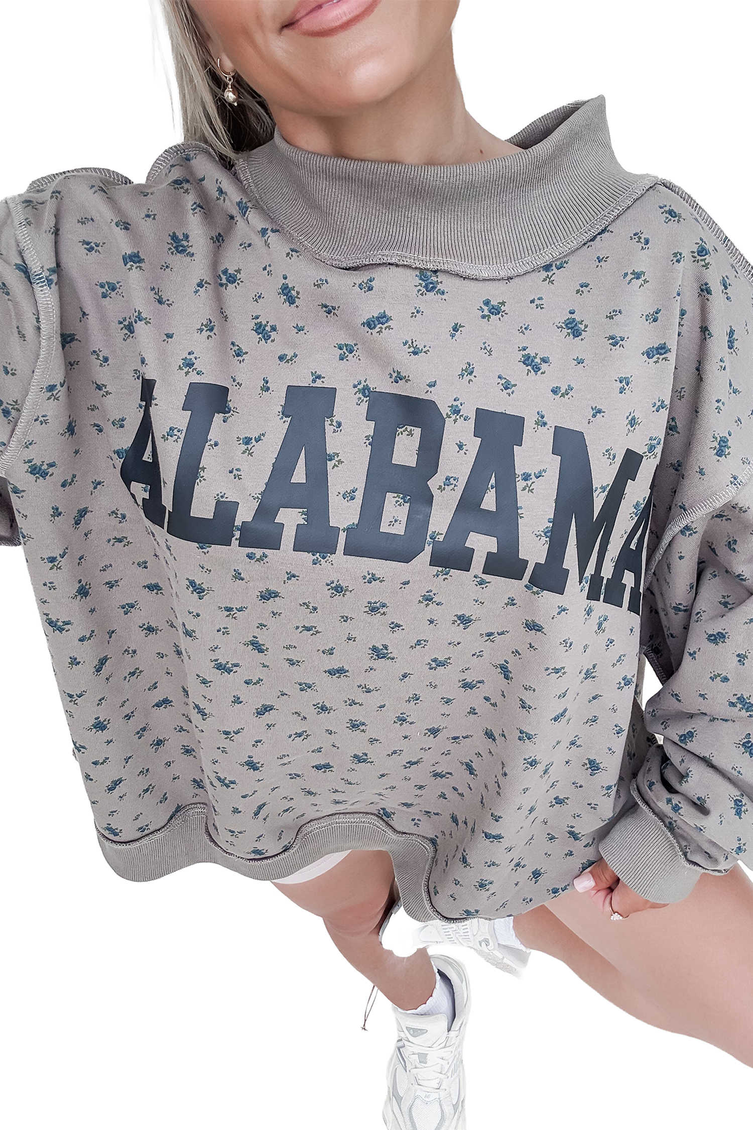 Gray Floral Print Alabama Sweatshirt High Neck Long Sleeve Casual Pullover