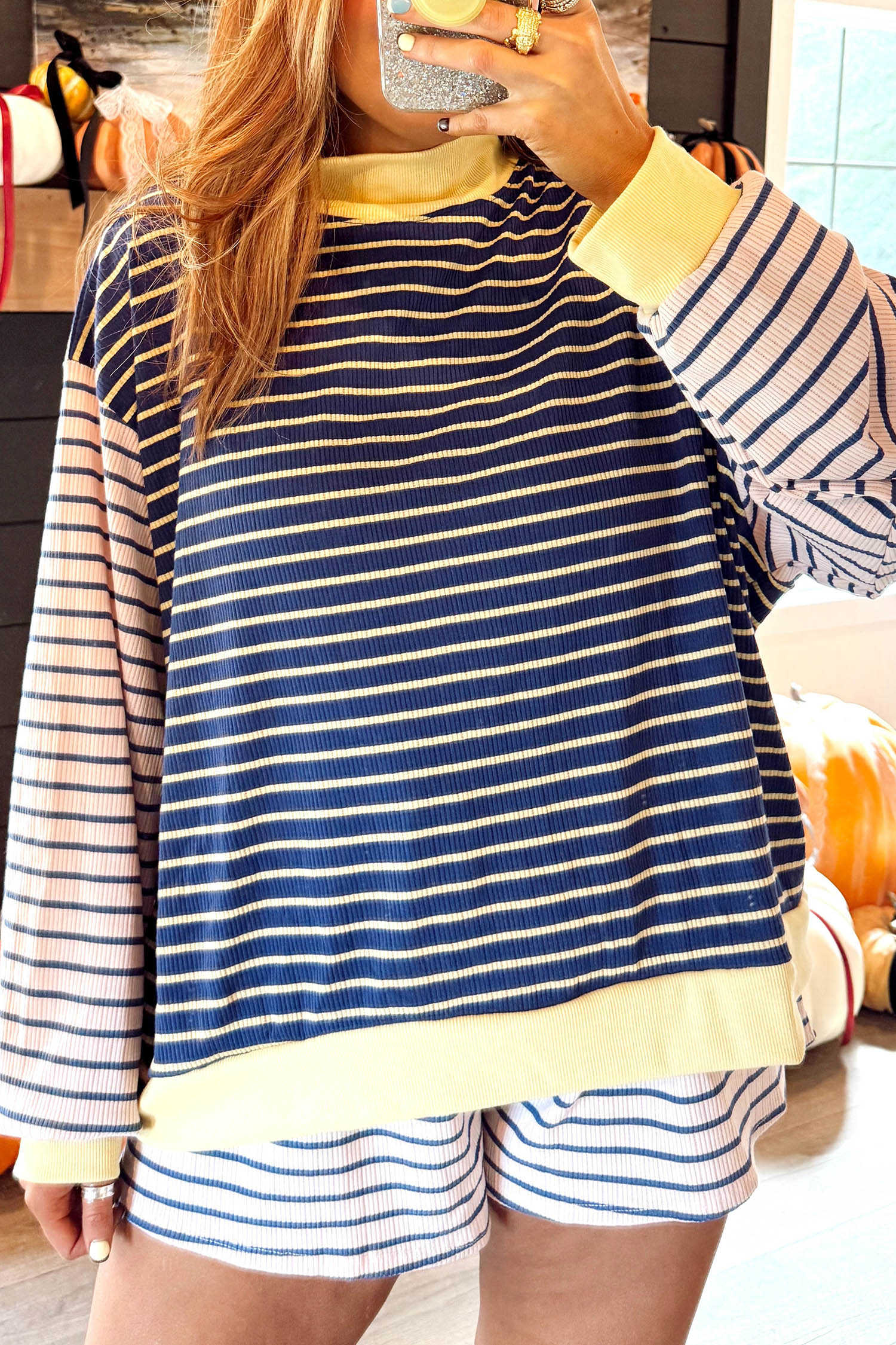 Blue Stripe Striped Long Sleeve Ribbed Knit Two Piece Casual Pants Set