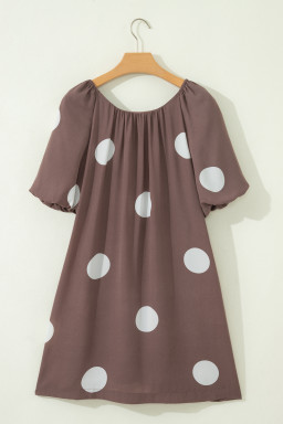 Brown Polka Dot Print Knot Back Short Puff Sleeve Loose Mini Dress