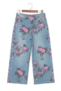 Sky Blue Garden Floral Print Bootcut Jeans