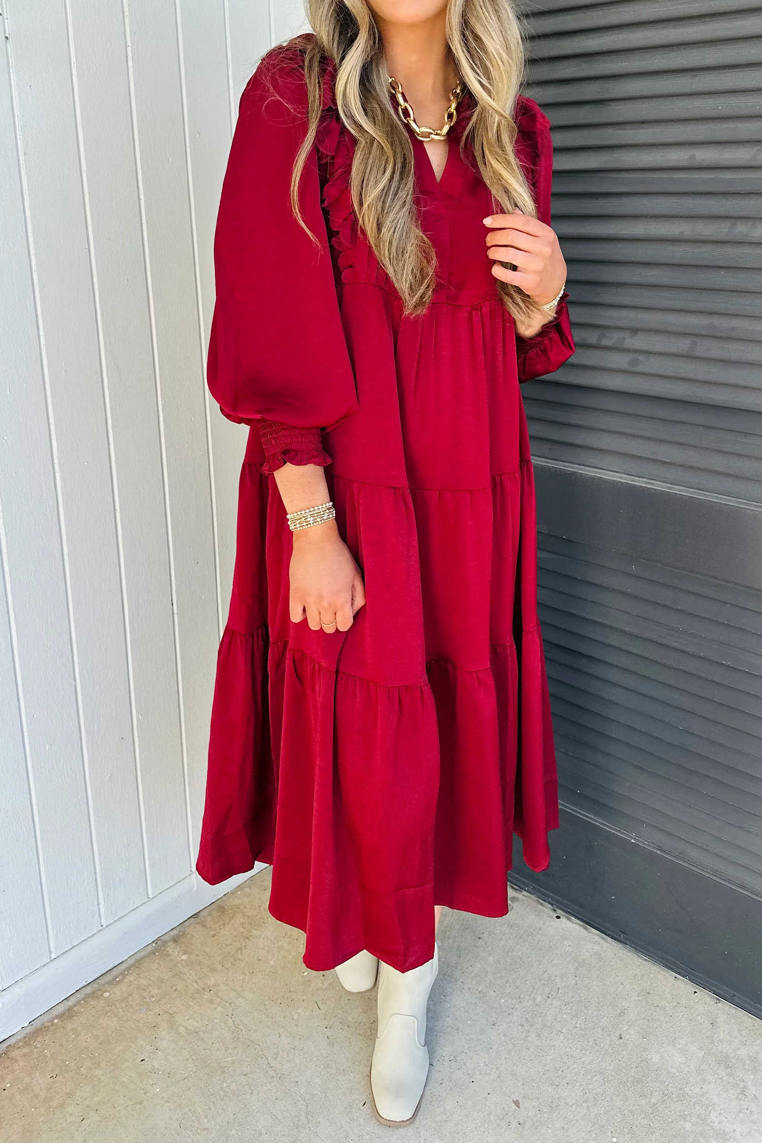 Racing Red Long Sleeve Ruffle Neck Dress Casual Shift Silhouette Daily Wear