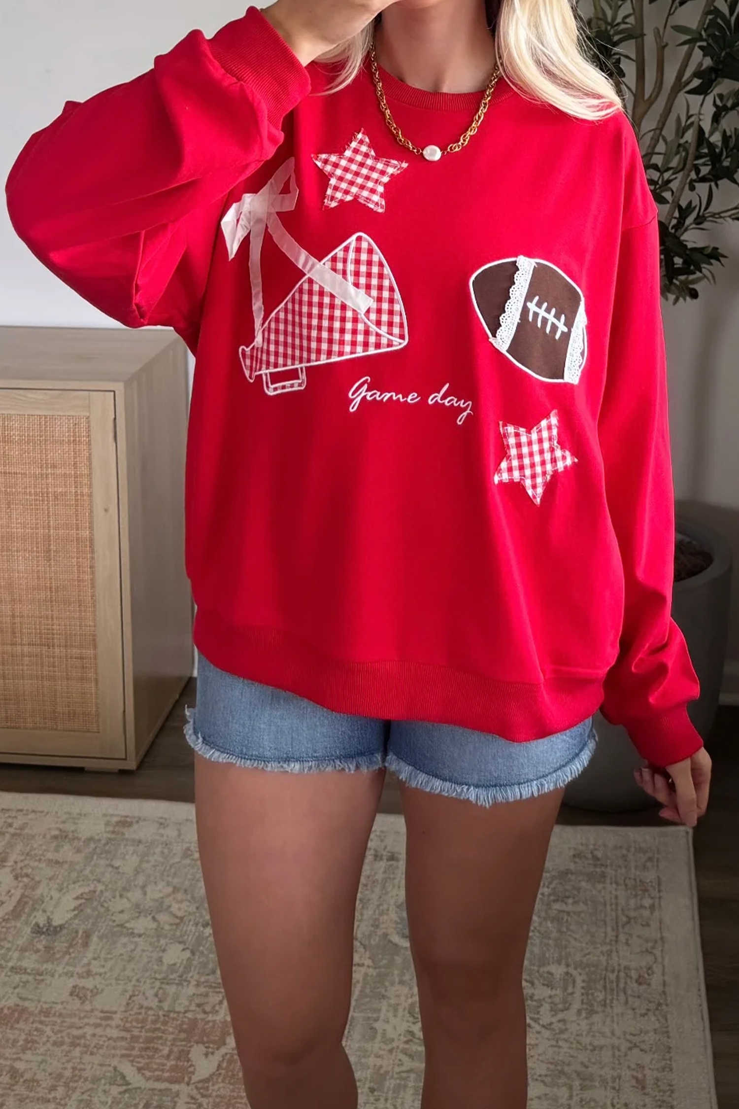 Racing Red Gingham Stars Lace Applique Football Game Day Sweatshirt